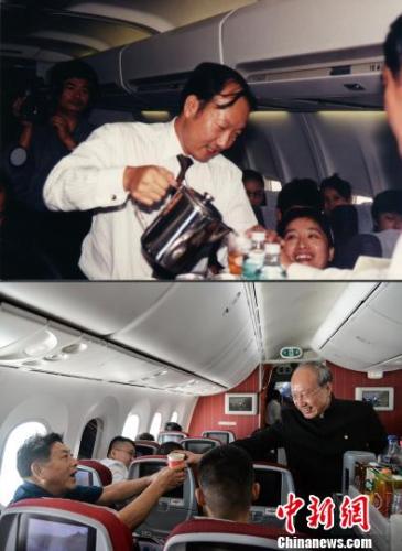 上图为1993年5月2日，陈峰在海南航空首航航班上服务乘客。下图为2019年4月26日，陈峰在海口飞往北京的HU7281航班上服务乘客。(拼接图) 洪坚鹏 摄